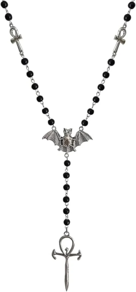 Long black rosary-beaded necklace with an Egyptian ankh cross and a small bat pendant, gothic vampire style