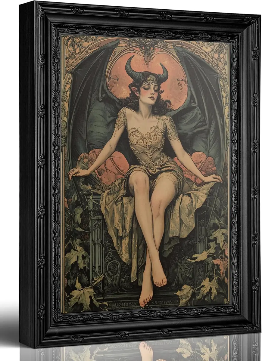 Framed Art Nouveau-style dark fantasy print of a horned demoness, gothic wall decor, real product photo