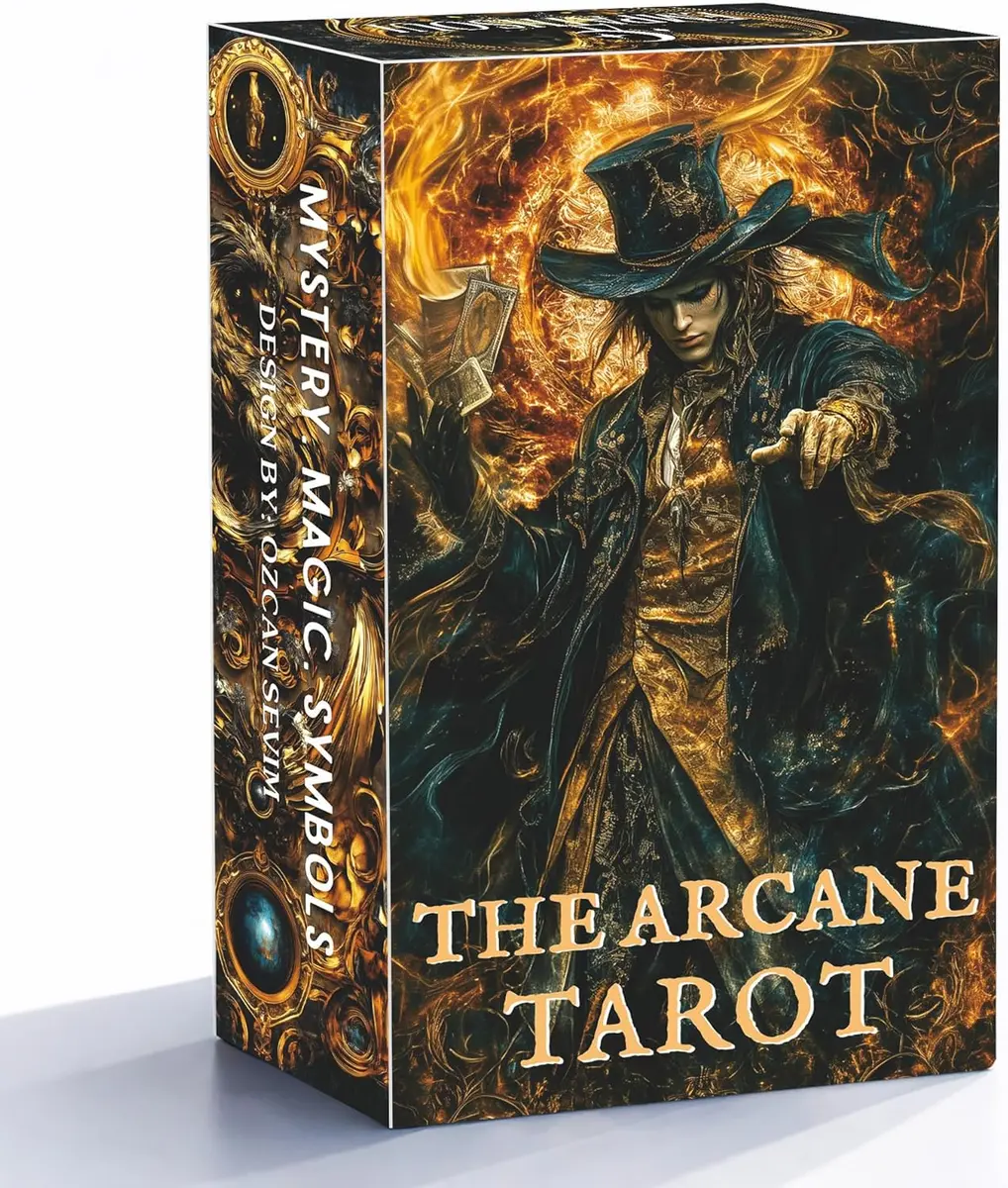 The Arcane Tarot Deck box art, dark-fantasy illustration of a robed figure, real product photo