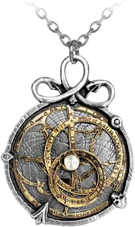 Astrolabe pendant necklace, celestial design, chain-suspended wearable.