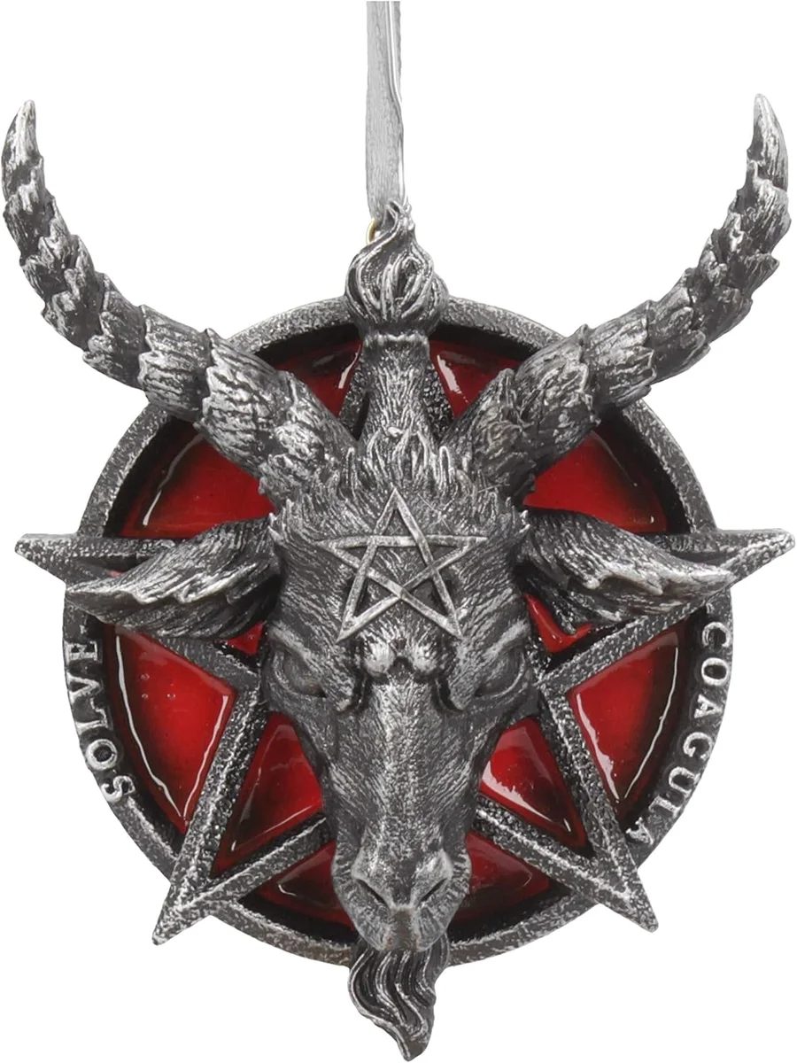 Resin Baphomet head ornament with red pentagram detail, black finish, 9.5cm, real product photo