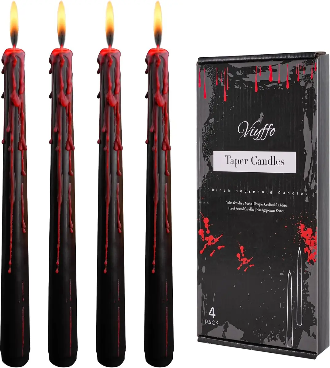Set of four black drip taper candles with red wax bleeding down the sides, gothic horror candlesticks, real product photo