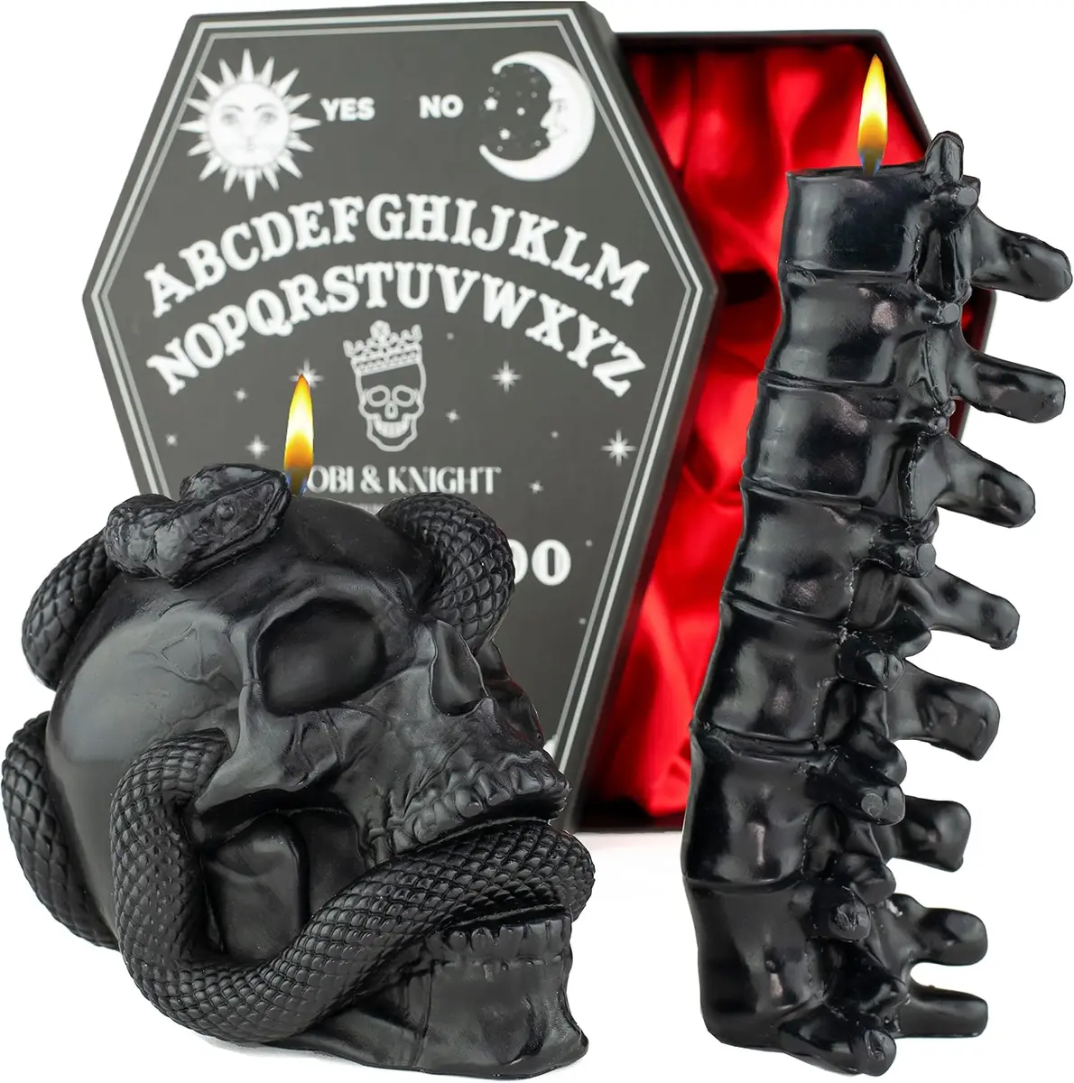 Black skull candle with snake and spine detailing in coffin gift box, gothic candle set, real product photo