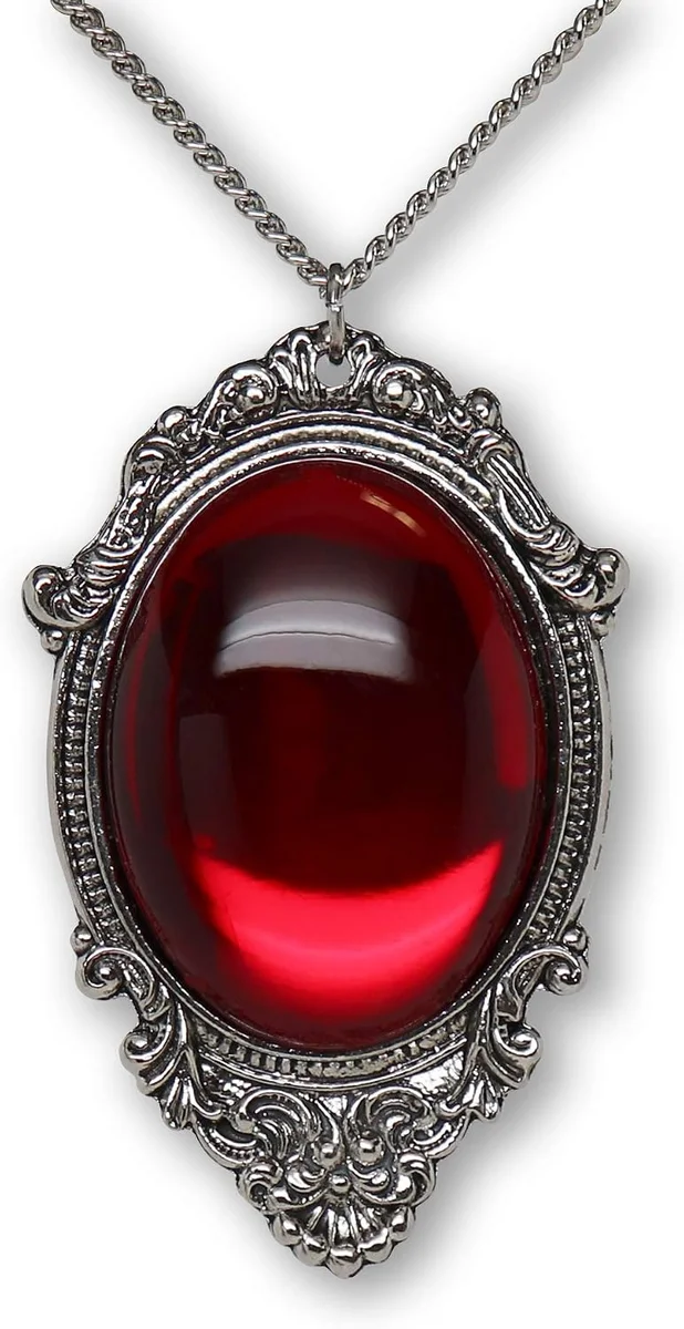 Blood-red cabochon pendant set in silvered pewter metal frame, gothic wearable necklace
