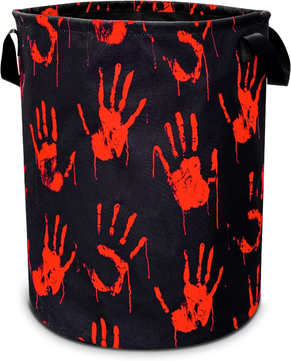 Foldable waterproof laundry basket with blood spatter and palm-print motif in macabre decor style