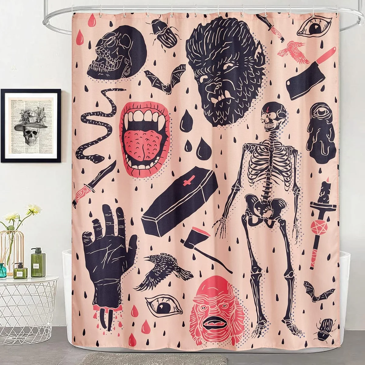 Blush-pink waffle-weave shower curtain with skeleton and bat novelty Halloween print, bathroom decor product photo