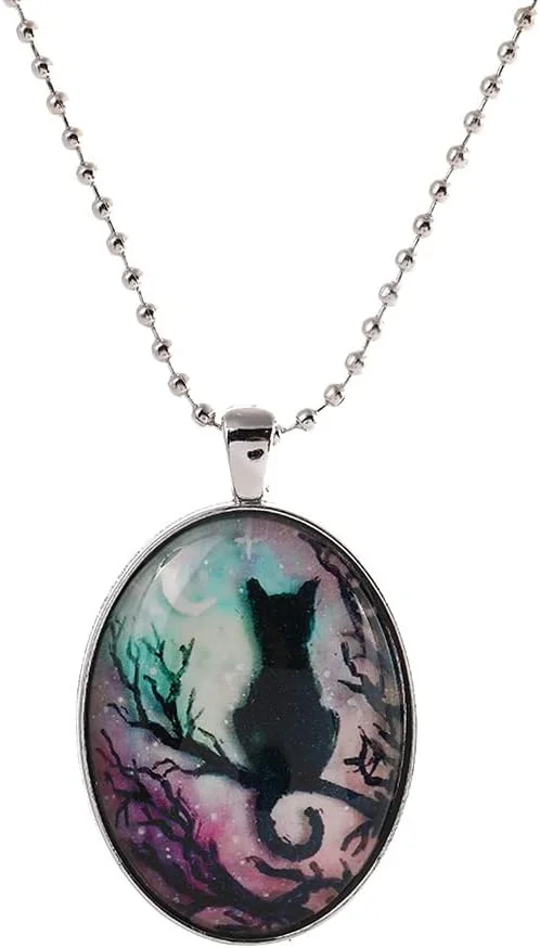 Cat and moon rendered as a classical cameo, set within a gothic oval frame pendant