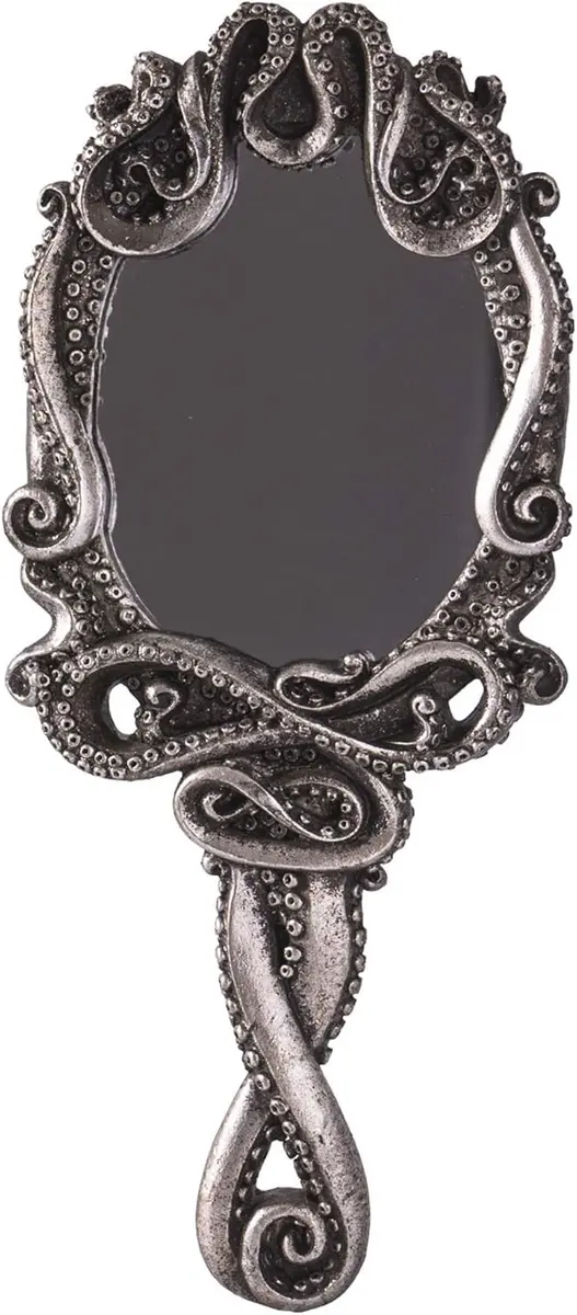 Gothic Kraken hand mirror with an octopus tentacle resin frame, real product photo
