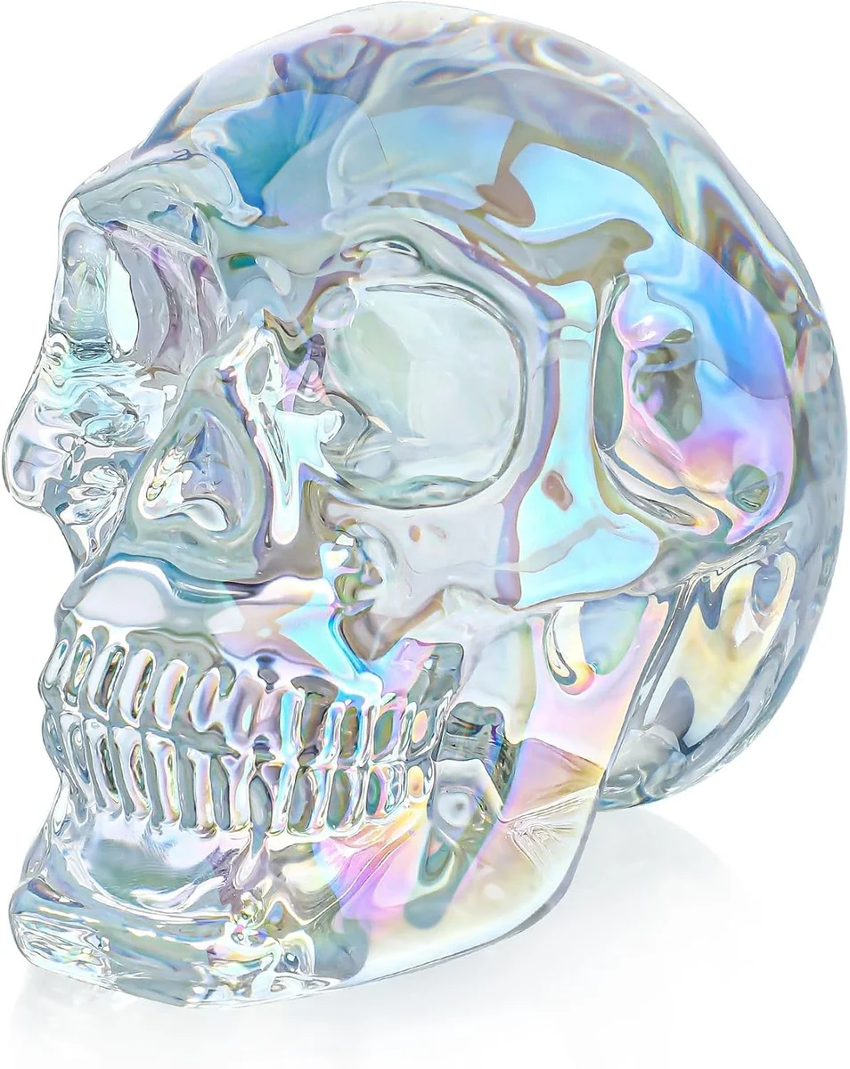 Colorful crystal skull figurine in jewel tones, 3-inch decorative miniature