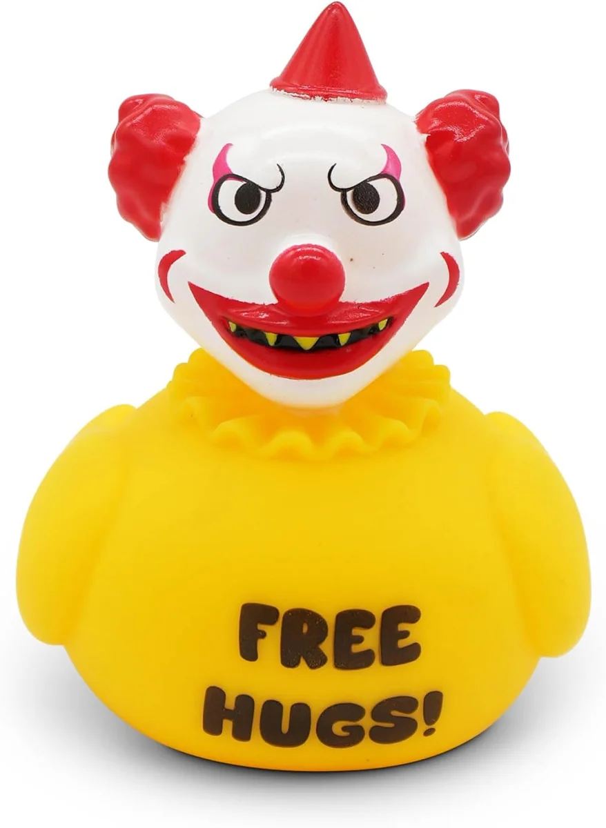 Creepy clown rubber duck bath toy with menacing grin and "Free Hugs!" expression, 5" × 4"