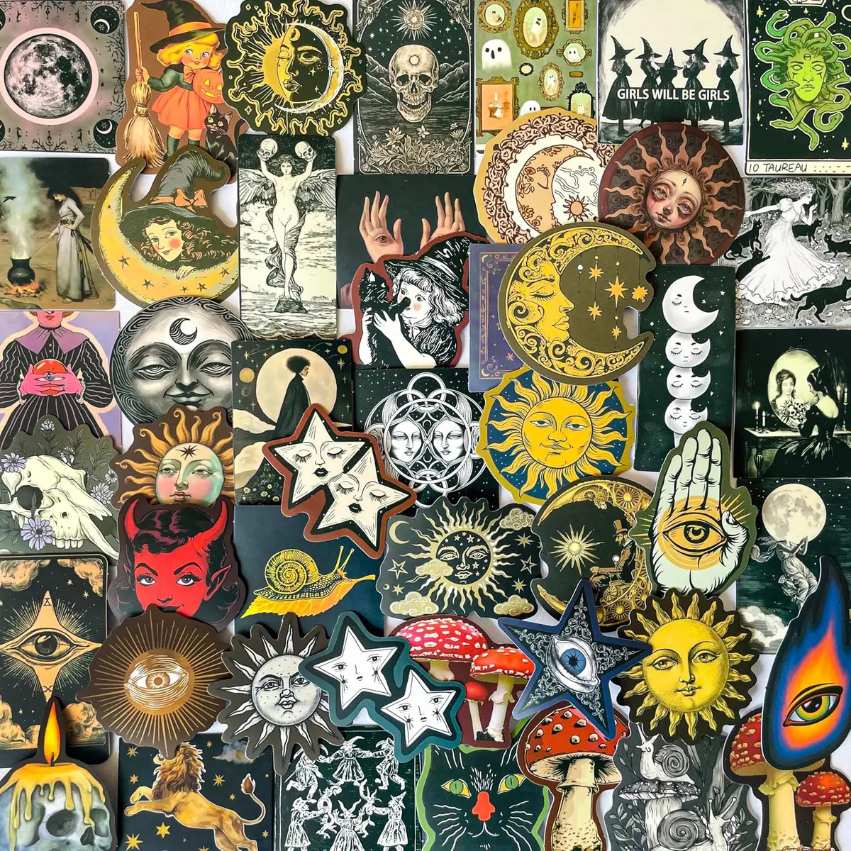 50-piece medieval cryptid celestial witch vinyl sticker pack, vintage astrology decals, real product photo