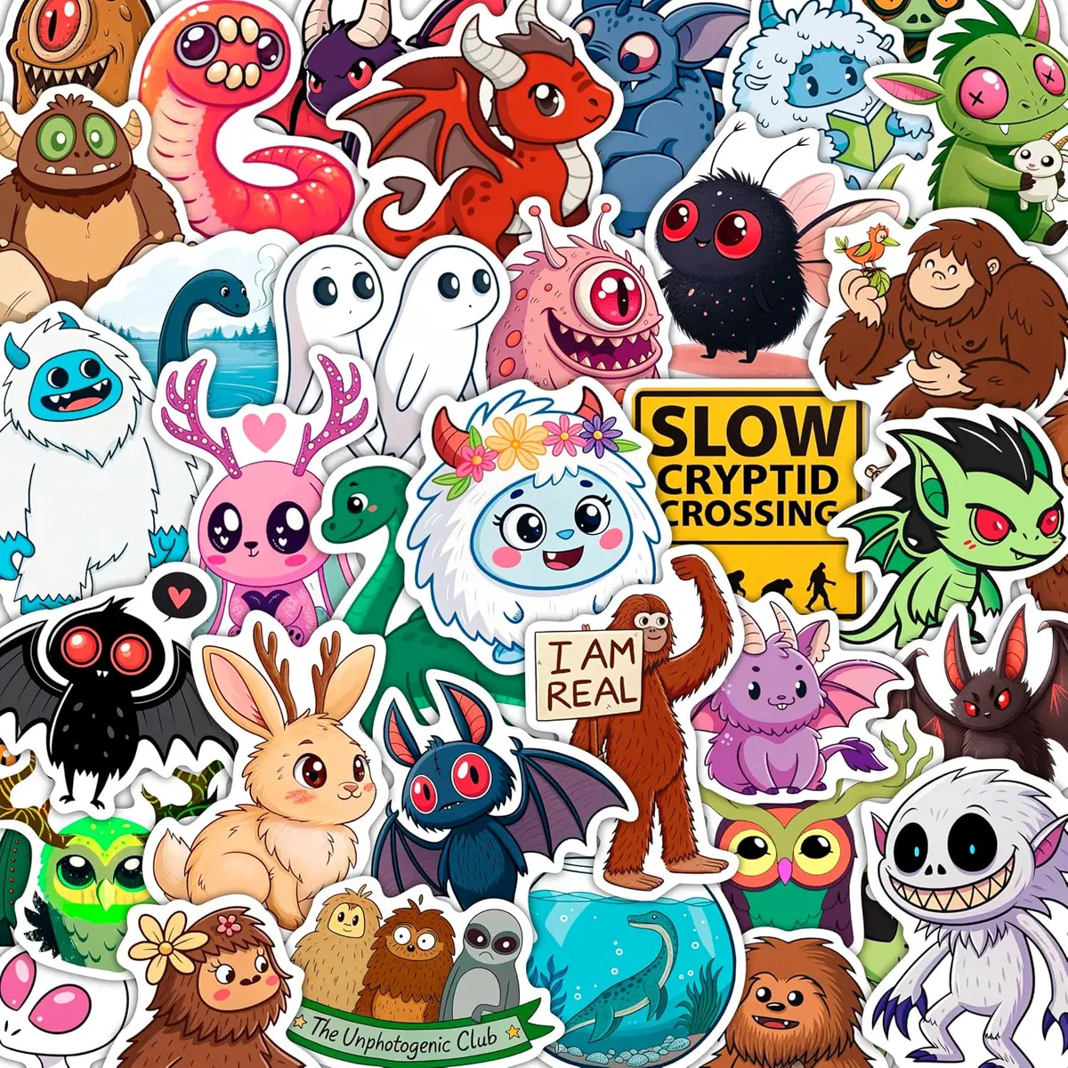 100-piece waterproof vinyl sticker sheet featuring cryptid and cryptozoology designs, real product photo