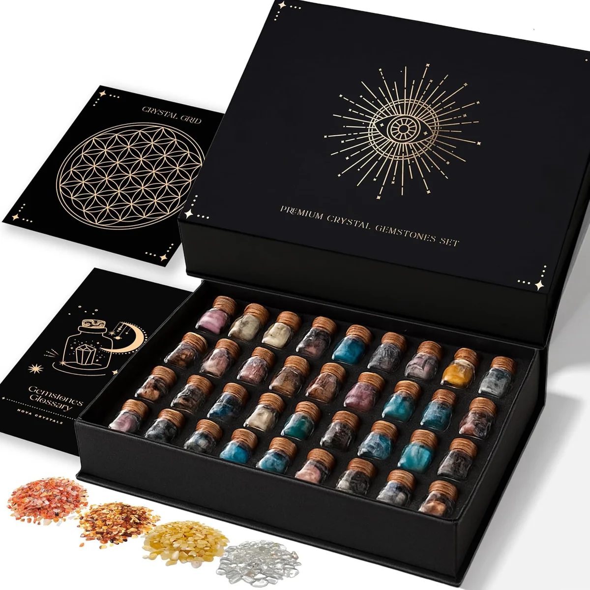 50-piece crystal kit with corked glass spell jars and a printed crystal grid, real product photo