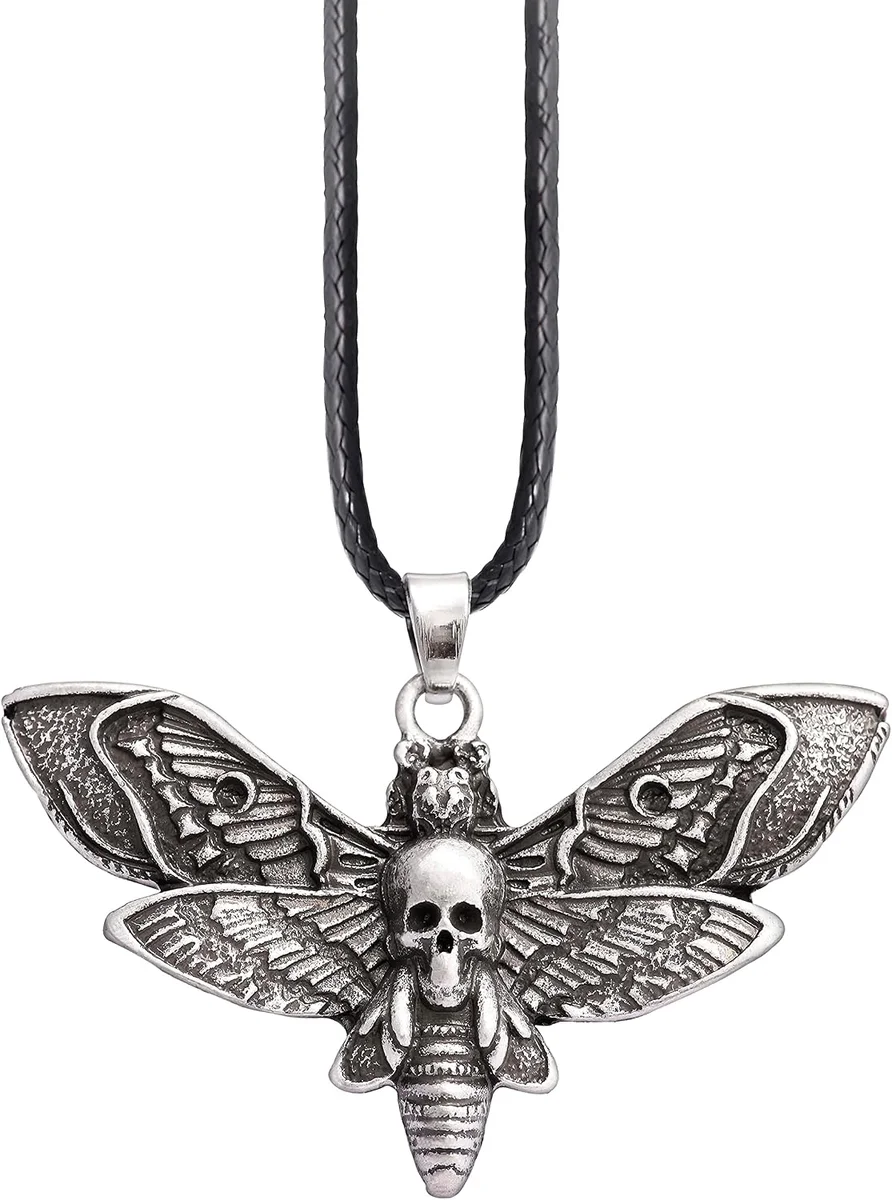 Gothic death's-head hawkmoth and skull pendant necklace on chain, gothic jewelry product photo