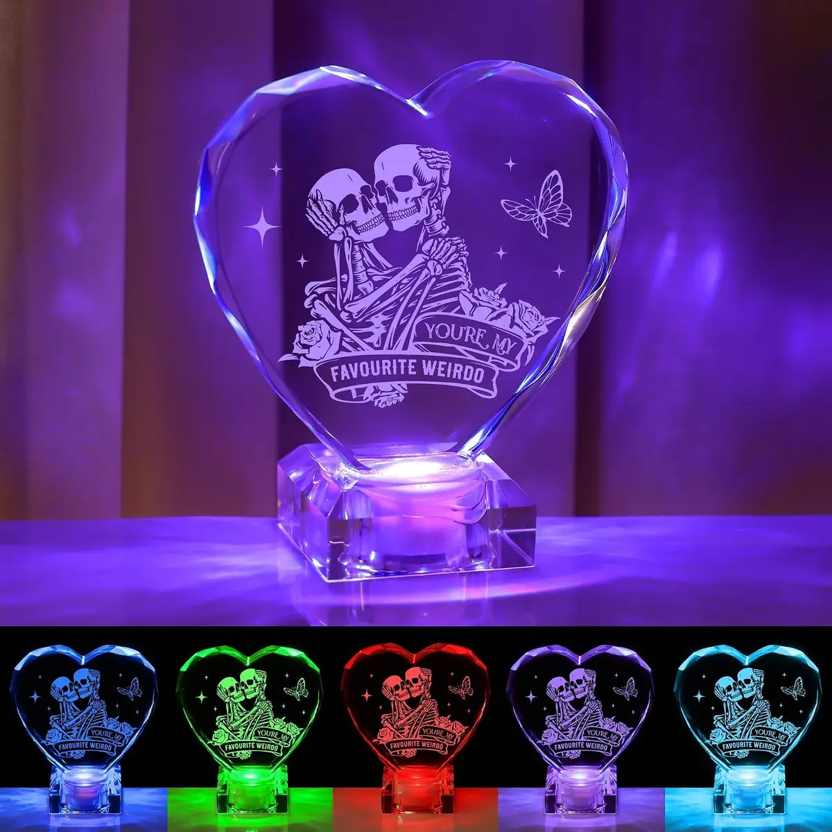 K9 crystal heart night light engraved with a skeleton couple, real product photo