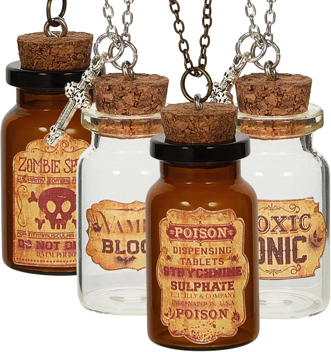 Four corked glass apothecary vial necklaces with vintage poison-bottle labels