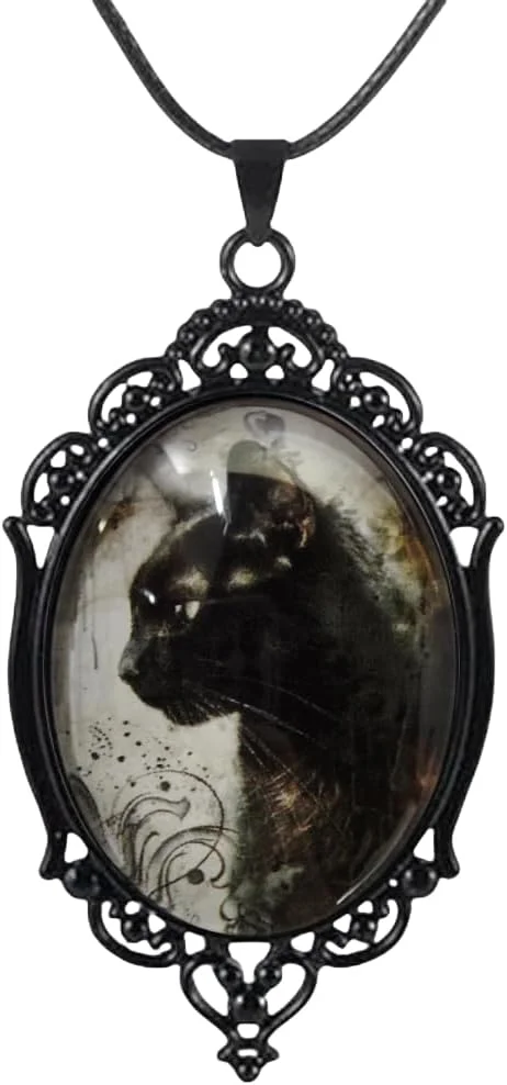 Gothic cameo pendant necklace set with a black cat silhouette in place of a classical portrait bust, on a choker chain