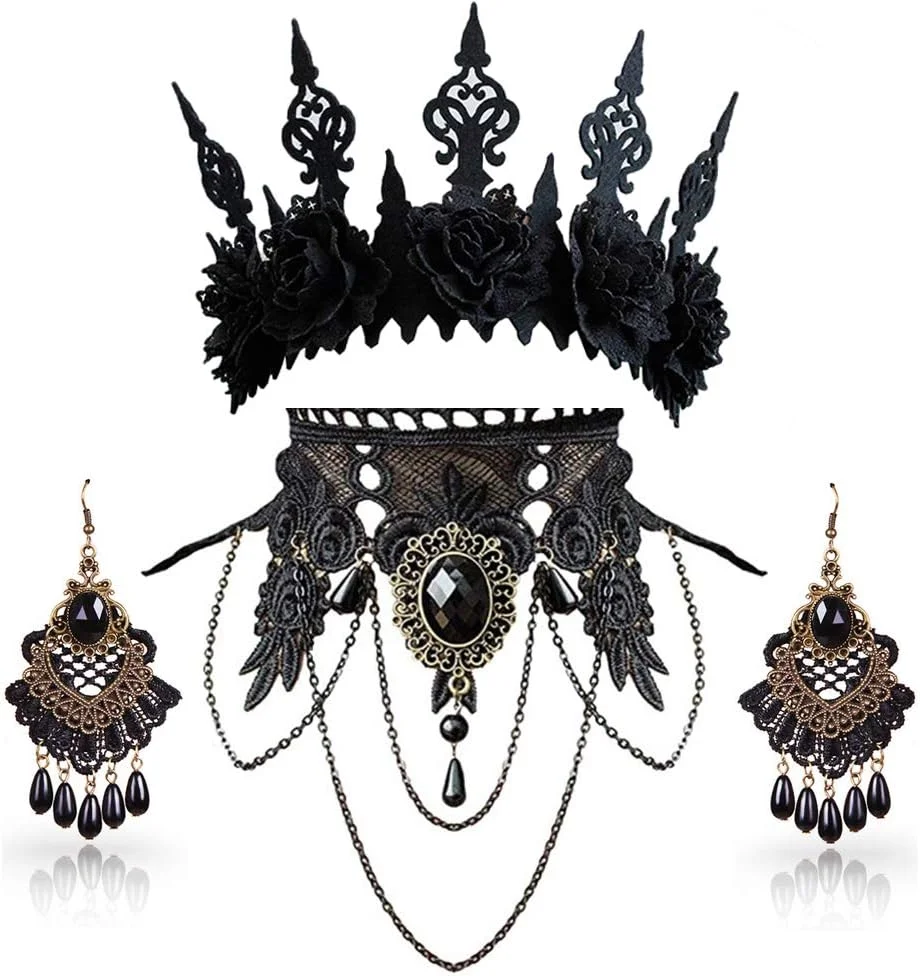 Multi-piece wearable accessory set including vampire crown headband, punk snake collar necklace, gothic lace choker, and coordinating earrings