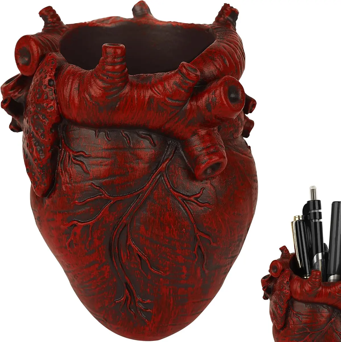Resin anatomical heart pen holder, gothic desk organizer for pens and makeup brushes, real product photo