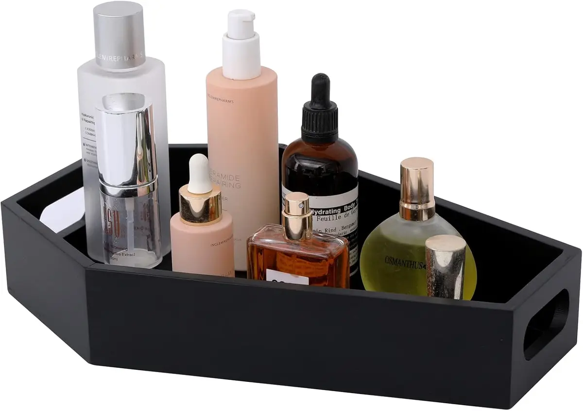 Black wooden coffin-shaped makeup organizer for vanity, real product photo