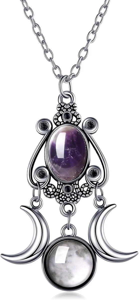 Gothic black crescent moon pendant necklace with red statement crystal, punk statement jewelry