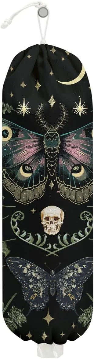 Wall-mounted gothic moth butterfly plastic grocery bag holder in black plastic