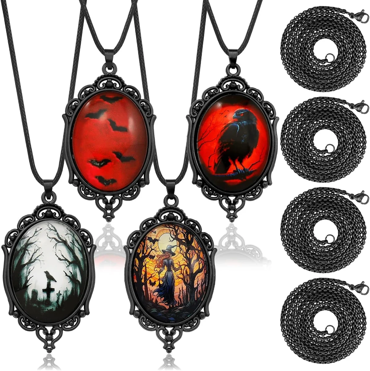 Eight-piece gothic necklace set on black stainless steel chains with cameo choker, vampire bat, crow, and cross pendants
