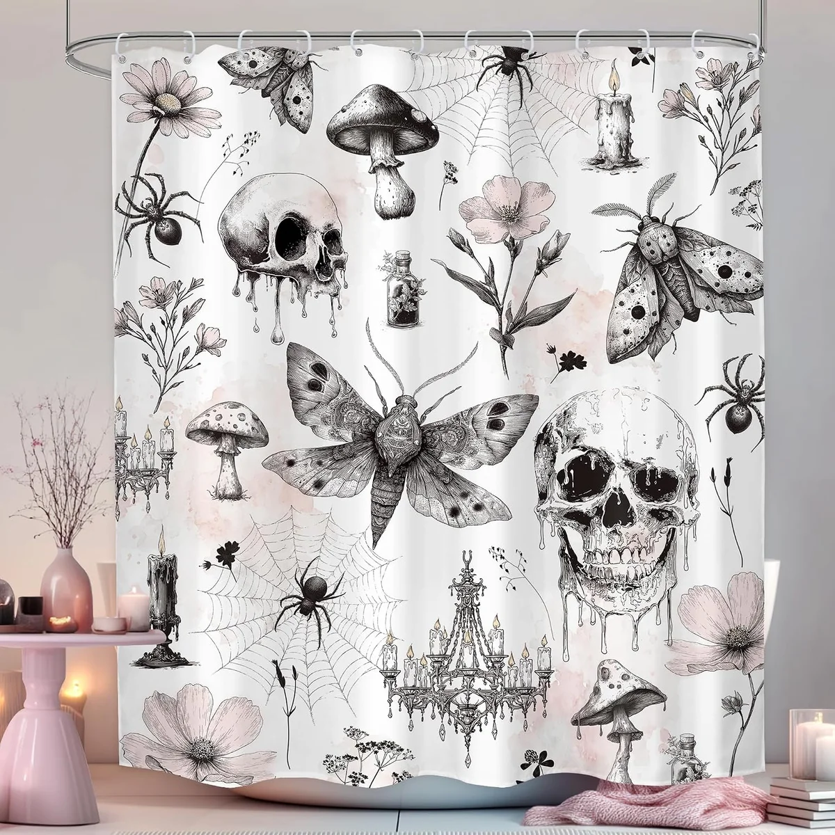 Gothic fabric shower curtain printed with a central skull, a death's-head moth, pink flowers and leaves, and a spider — 60W x 71H inches, shipped with 12 hooks as a bathroom set