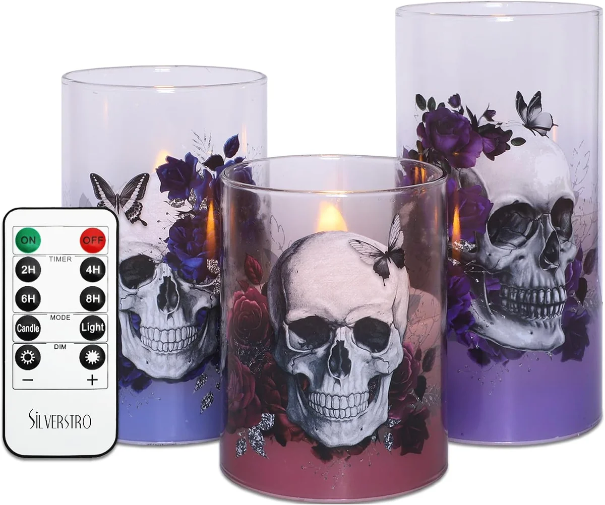 Three gothic skull-themed flameless LED candles with remote control, 3-piece set
