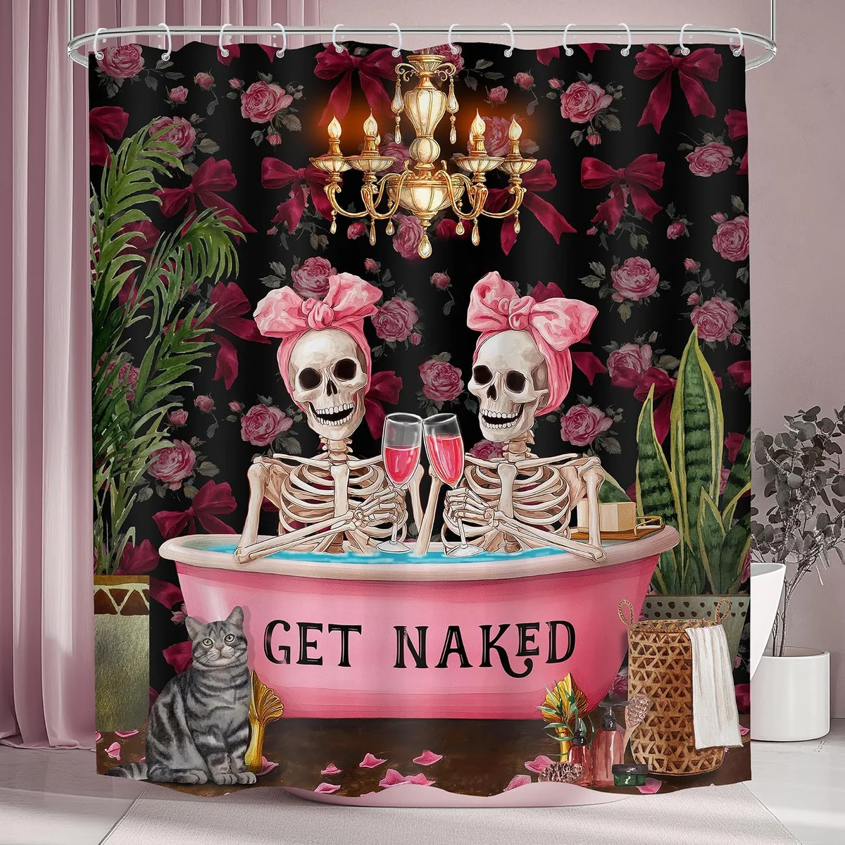 Gothic skull and skeleton print waterproof shower curtain in vintage romantic-goth style with a horror-bubbles composition — 60×72 inch quick-dry polyester bathroom curtain sold with hooks