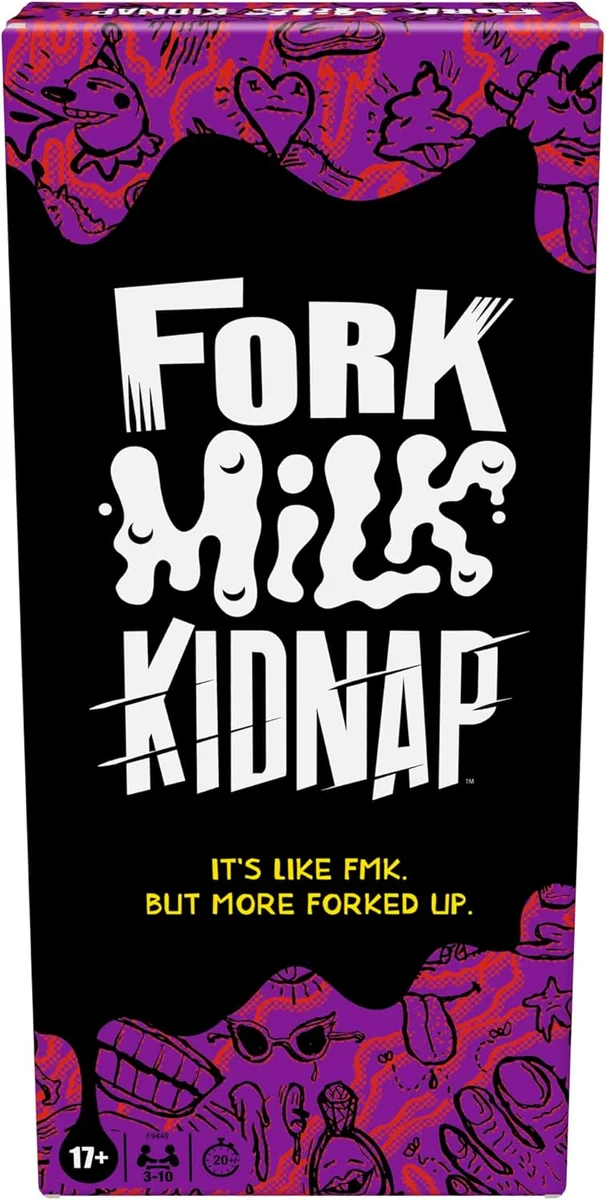 Hasbro Gaming "Fork Milk Kidnap" adult party card game box — NSFW questionable-choices card game for 3 to 10 players, rated 17 and up