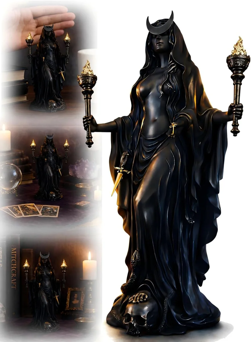 Resin statue of the Greek goddess Hekate holding twin torches, altar-scale devotional figurine in dark finish