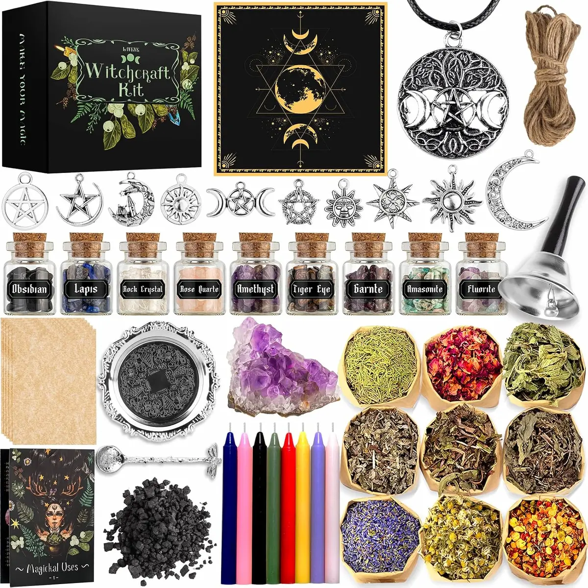 LAVEVE 56-piece witchcraft starter kit, real product photo showing crystals, herbs, and altar tools