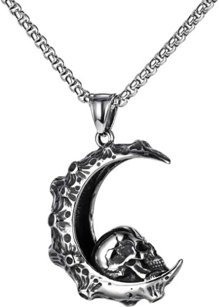 Stainless steel crescent moon and skull pendant necklace, gothic biker jewelry, real product photo