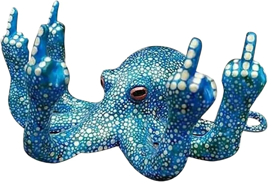 Blue cast novelty statue of an octopus with one tentacle raised in a middle-finger gesture — weird decor ornament pitched for indoor shelves, outdoor gardens, and fish-tank decoration