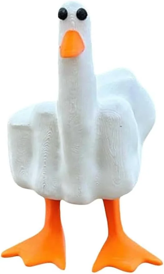 Cast resin sculpture in the shape of an upright human hand throwing the middle finger, sold as an indoor/outdoor novelty statue for garden or office desk