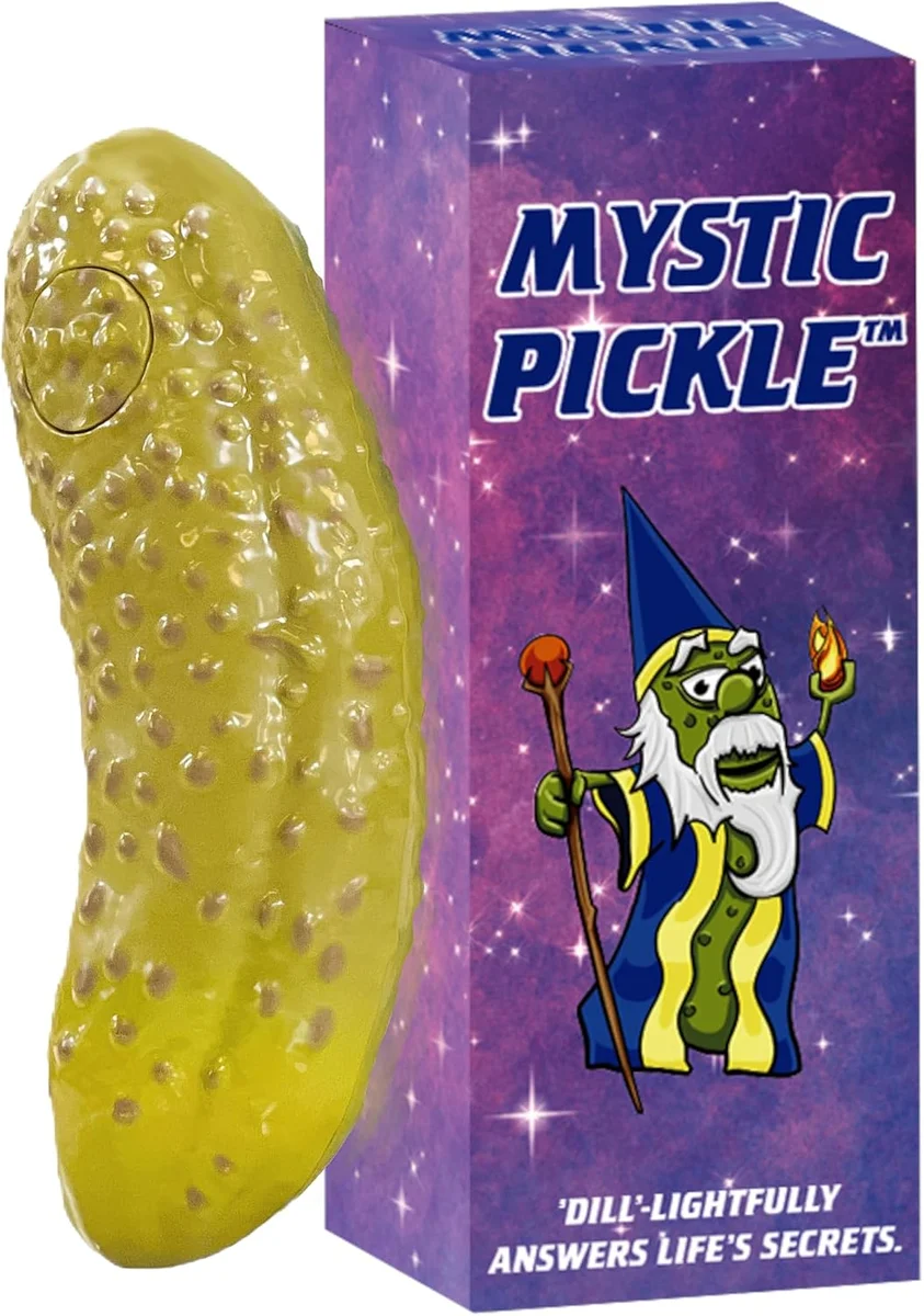 Green pickle-shaped novelty fortune-teller by DR DINGUS, a gag-gift oracle device loaded with 100 canned responses