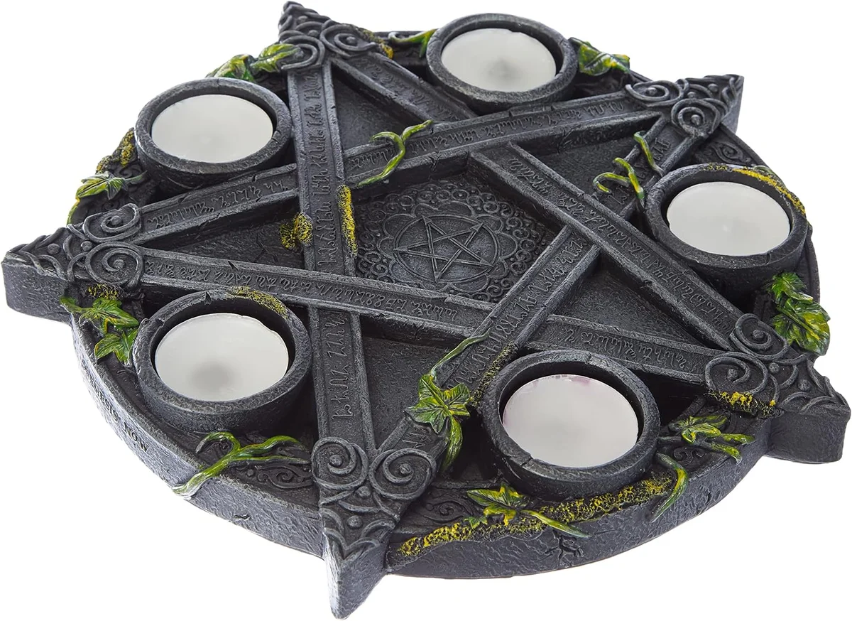 Black resin Wiccan pentagram tealight holder, 25.5cm tall