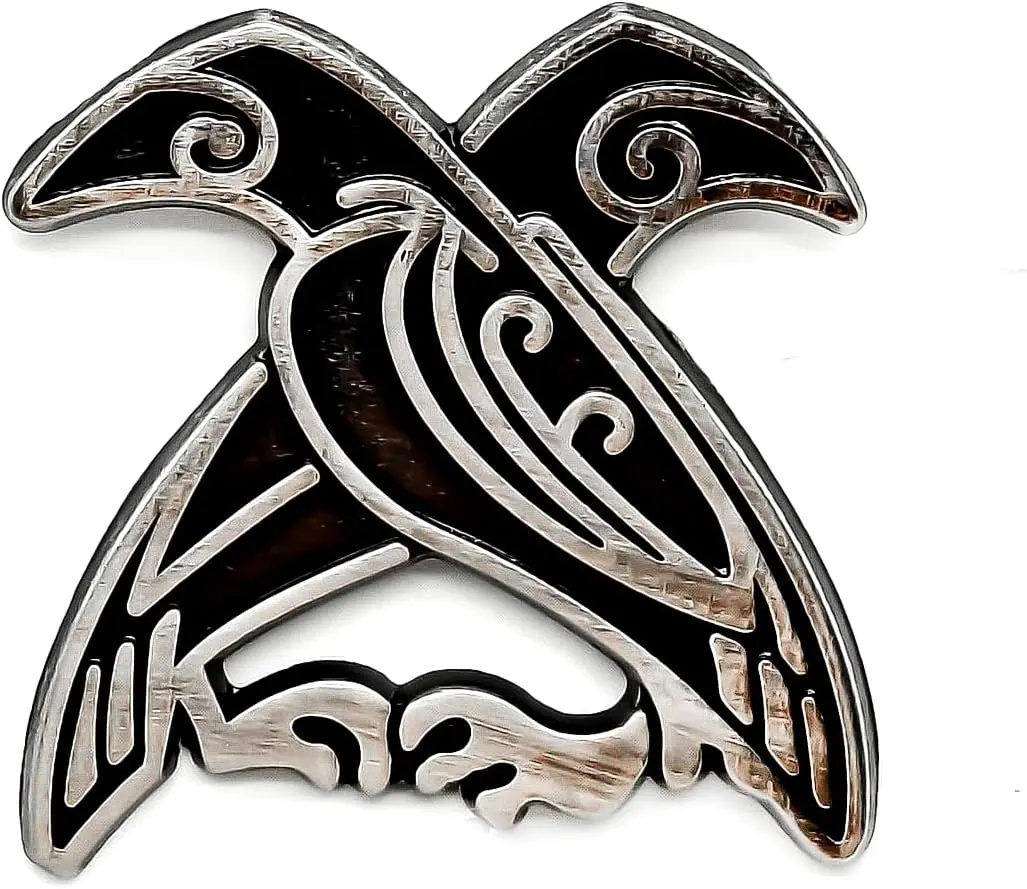 Odin ravens and rune enamel lapel pin, gothic statement badge, real product photo