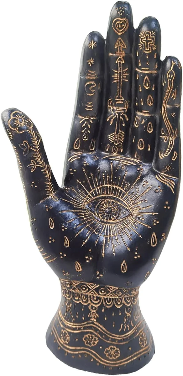 Black cast resin palmistry hand sculpture with the traditional palm-reading lines and mount symbols incised into the palm — standing occult reference statue for palm readers