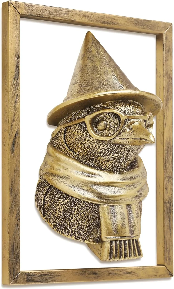 Resin penguin head wall mount with metal frame and gold vintage finish