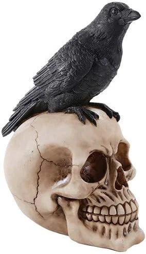 Hand-painted resin figurine of a bird perched atop a skull, gothic collectible
