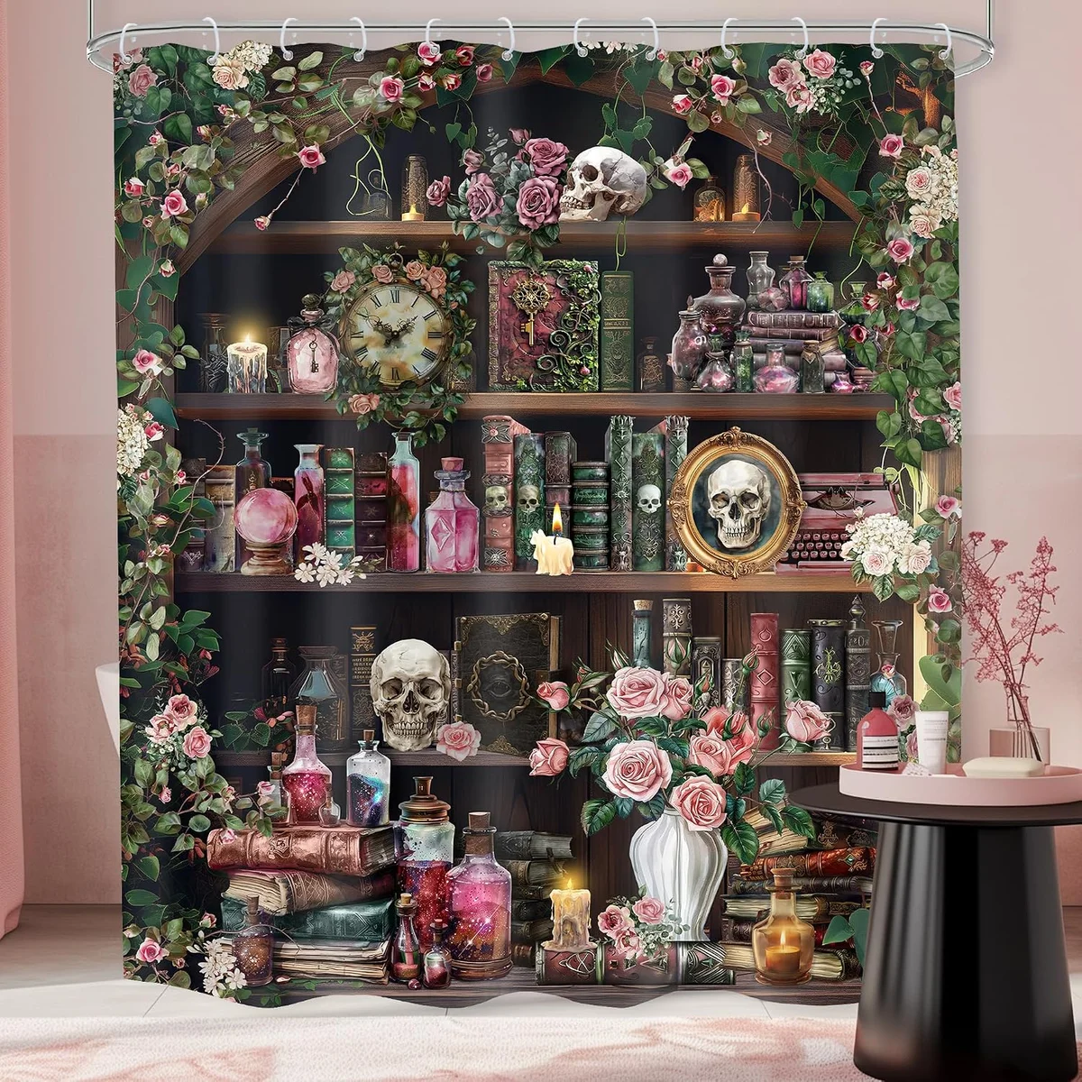 Pink rose and gothic skull printed shower curtain in witchy-spooky style, 60×72 inch polyester bathroom curtain with hooks