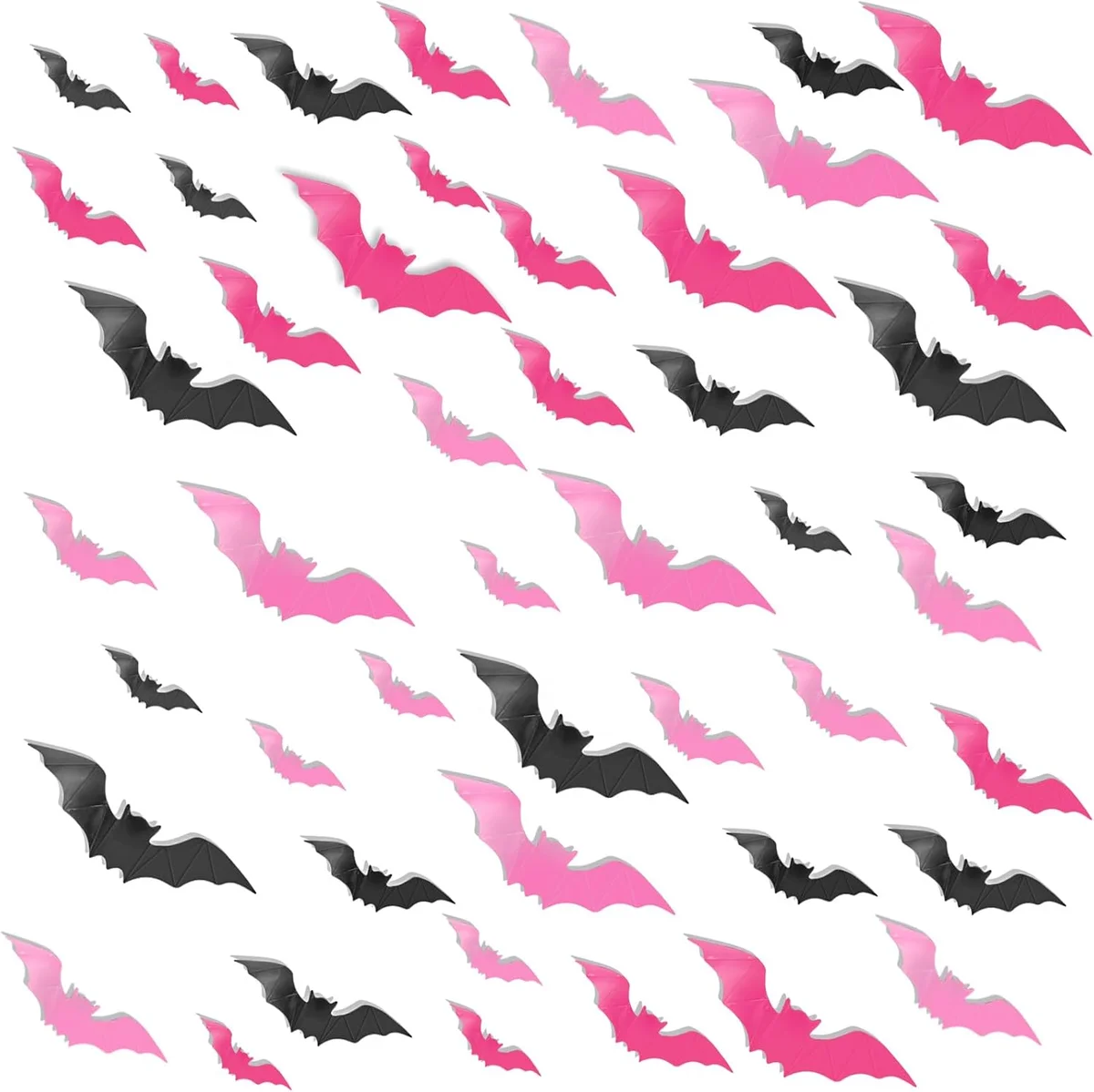 Glossy pink PVC bat stickers, 48-piece self-adhesive wall-decal pack shown as individual 3D-molded plastic bats in bright pink colorway