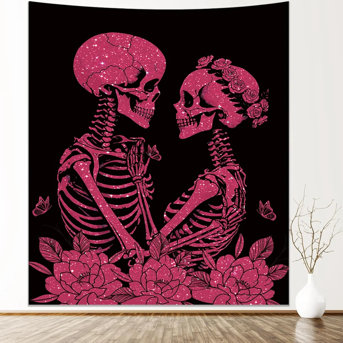 Pink skull printed tapestry, vertical wall hanging, gothic bedroom decor product photo