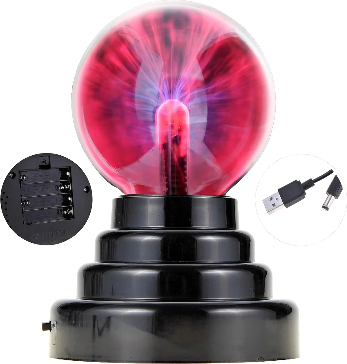 3-inch plastic plasma ball with glowing electric filaments visible inside, USB/battery powered novelty lamp
