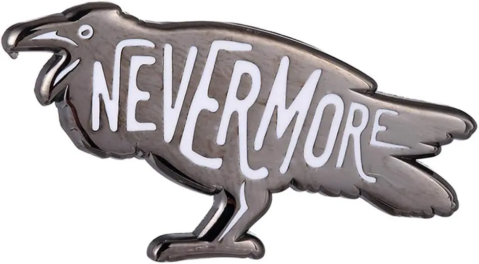 Enamel raven lapel pin badge, Edgar Allan Poe Nevermore gothic literary design, real product photo