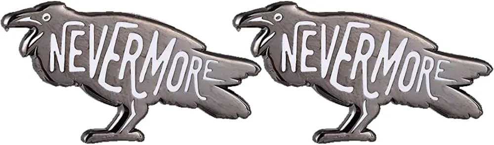 Enamel raven pin brooch, Edgar Allan Poe Nevermore gothic literary jewelry, real product photo