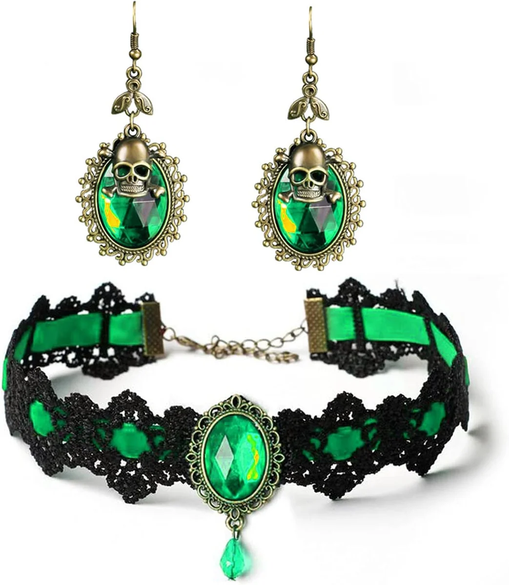 Costume jewelry set with punk snake collar necklace, vampire crown headband, gothic lace choker, and coordinating earrings for Halloween cosplay and party wear