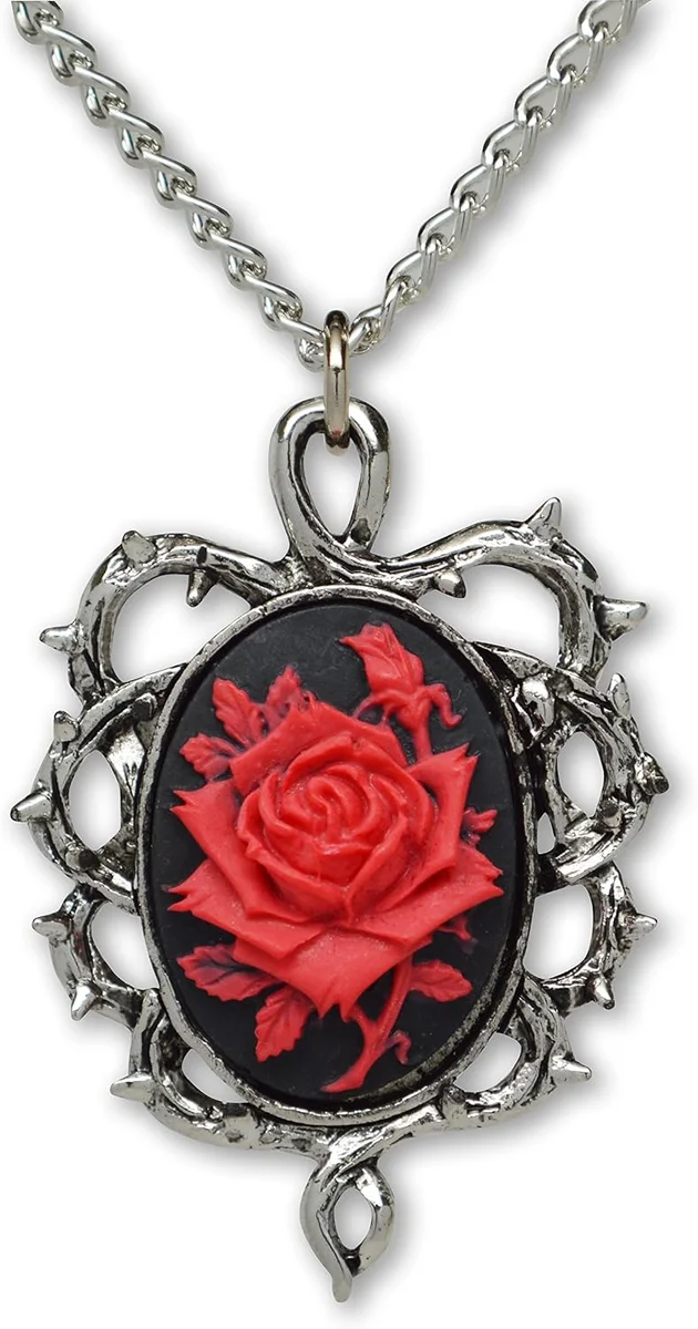 Red rose cameo pendant with thorn surround in real metal, gothic wearable, product photo
